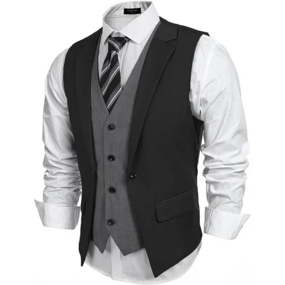 Men's Formal Vest Layered Waistcoat Dress Suit Vests, Black